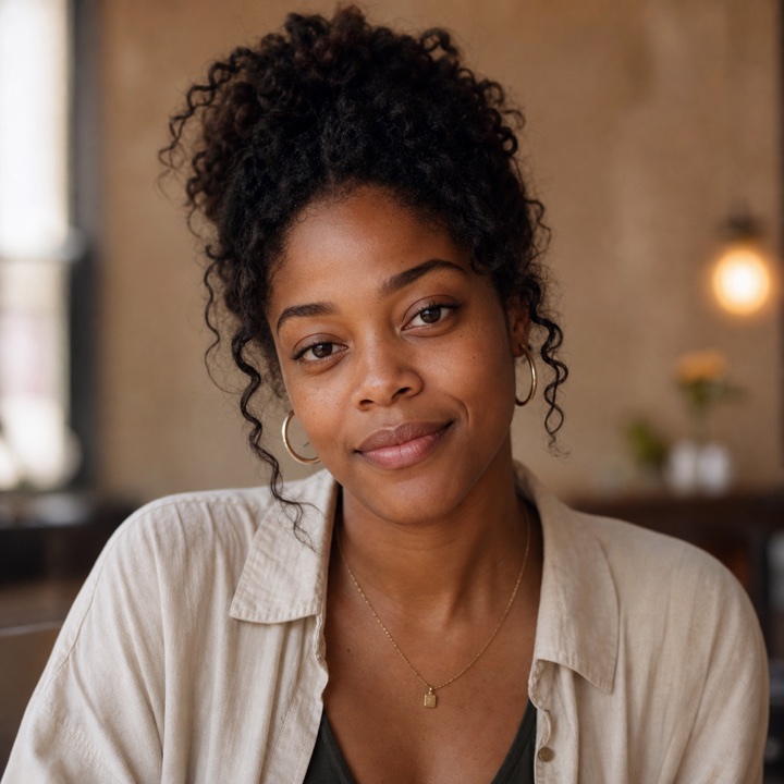 Fictional portrait of Amara, an independent musician in Brooklyn