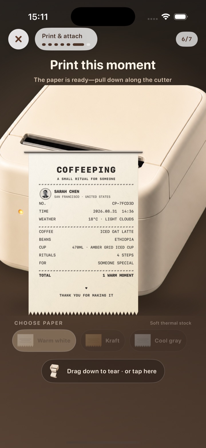 Printing and attaching a CoffeePing keepsake receipt
