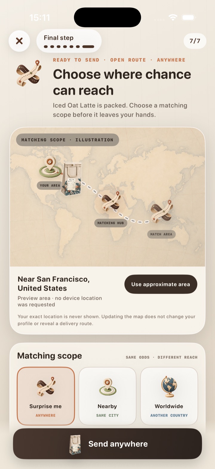 Choosing a CoffeePing matching scope on a stylized world map
